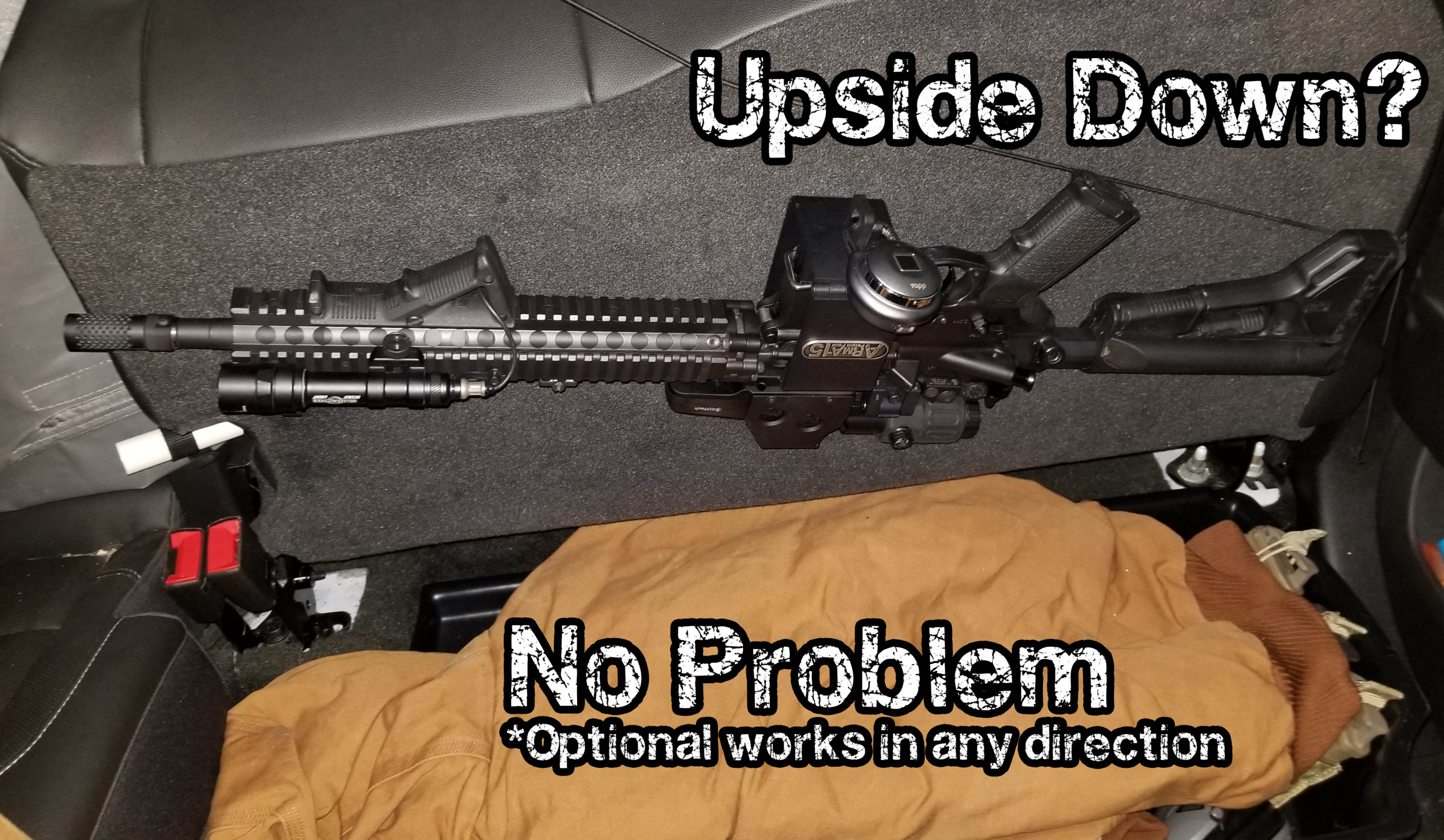 ARmA15 rifle mount installed beneath the rear seat of a 2017 Chevrolet Silverado