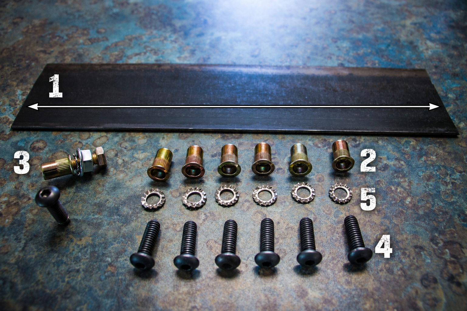 Ford ARmA15 hardware diagram: 1 support bar, 2 rivnuts, 3 rivnut installation tool, 4 mounting bolts, 5 lock washers