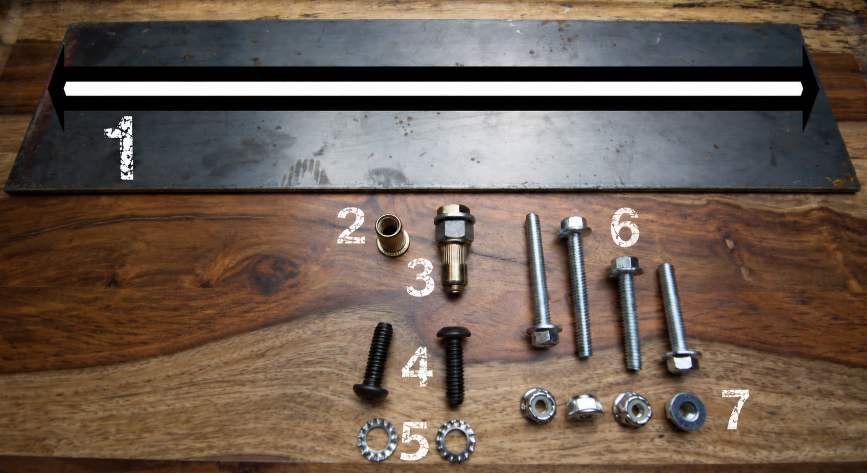 Chevy GMC truck mounting hardware numbered 1–7: support bar, rivnut, installation tool, bolts, washers and nuts; wall hardware sold separately